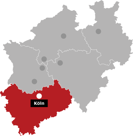 Karte des Bundeslandes Nordrhein-Westfalen. Hervorgehoben sind alle Regierungsbezirke und die Standorte der KSL-NRW